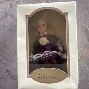 Good Old Values Collectible Christmas Ornament Ceramic Blond Doll Purple Dress